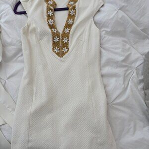 Milly Mini White dress with Gold and white beaded floral  embellishments